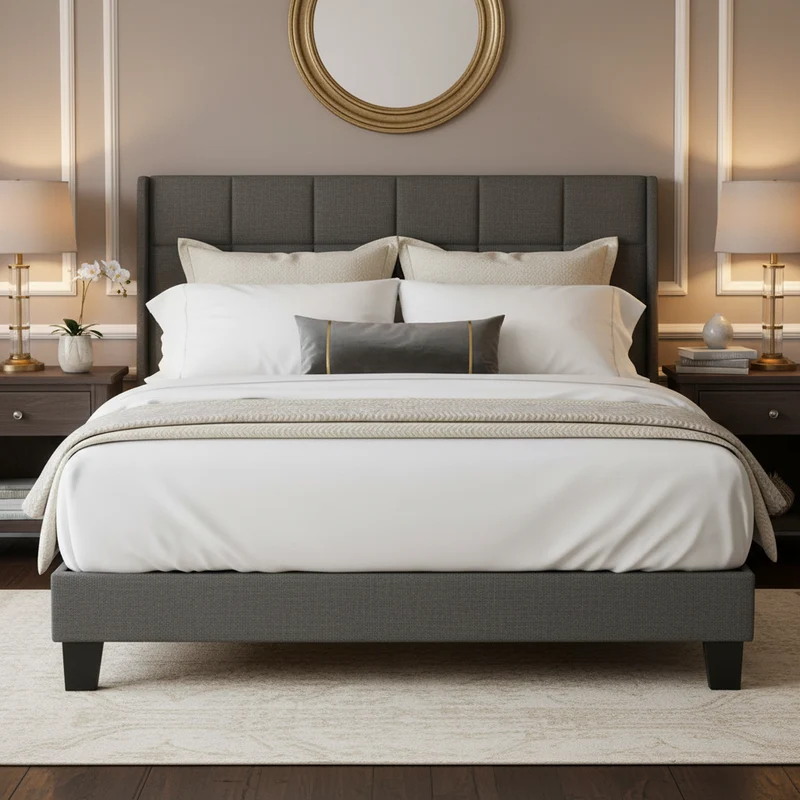 Ensemble lit double rembourré en lin gris 140x200 avec sommier à lattes et matelas à ressorts PERISTOM