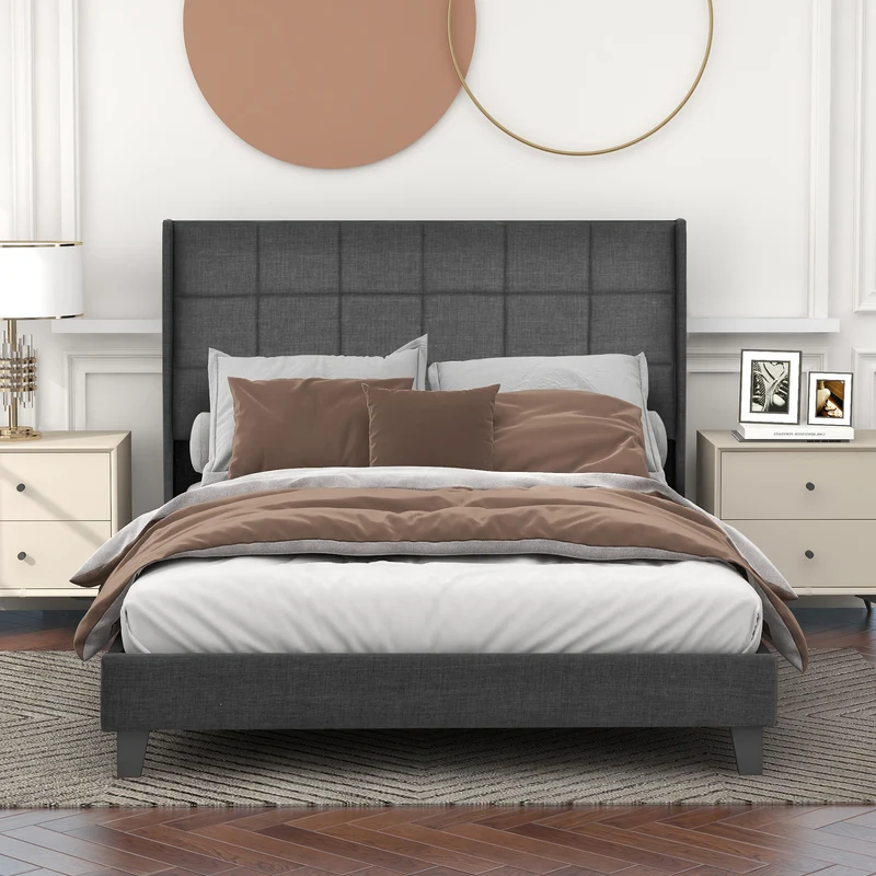 Ensemble lit double rembourré en lin gris 140x200 avec sommier à lattes et matelas à ressorts PERISTOM