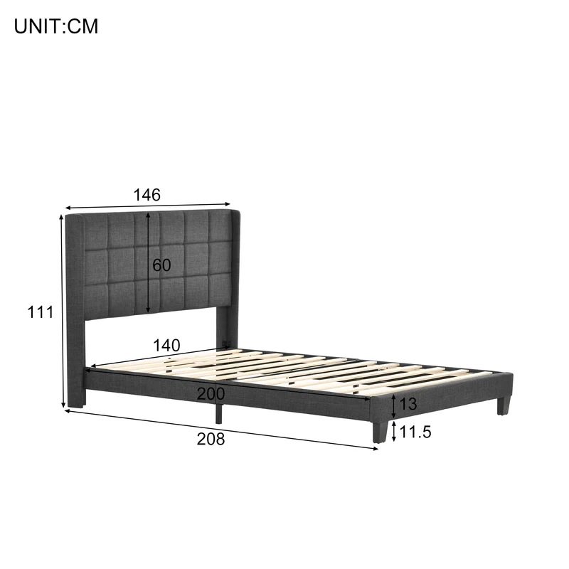 Ensemble lit double rembourré en lin gris 140x200 avec sommier à lattes et matelas à ressorts PERISTOM