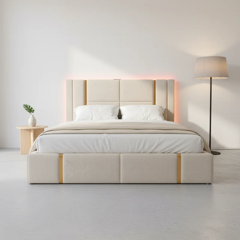 Lit coffre queen capitonné lin beige avec éclairage LED et ports usb/type-c (Matelas non inclus) STARPEAK