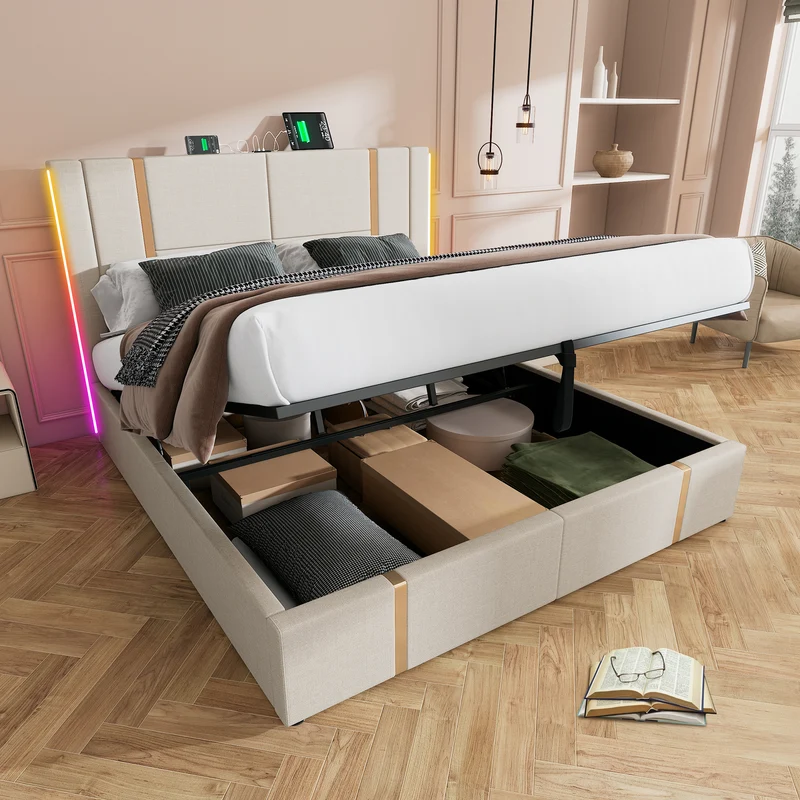 Lit coffre queen capitonné lin beige avec éclairage LED et ports usb/type-c (Matelas non inclus) STARPEAK