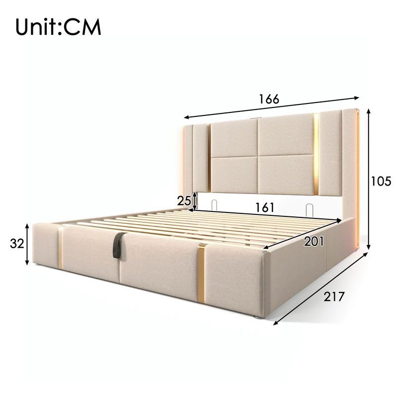 Lit coffre queen capitonné lin beige avec éclairage LED et ports usb/type-c (Matelas non inclus) STARPEAK