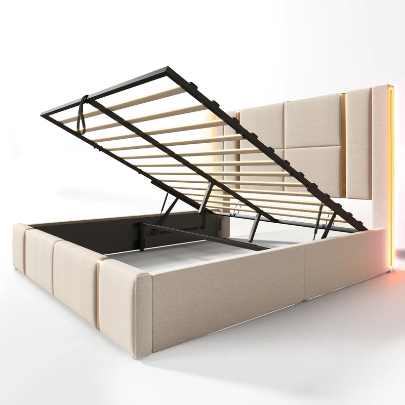 Lit coffre queen capitonné lin beige avec éclairage LED et ports usb/type-c (Matelas non inclus) STARPEAK