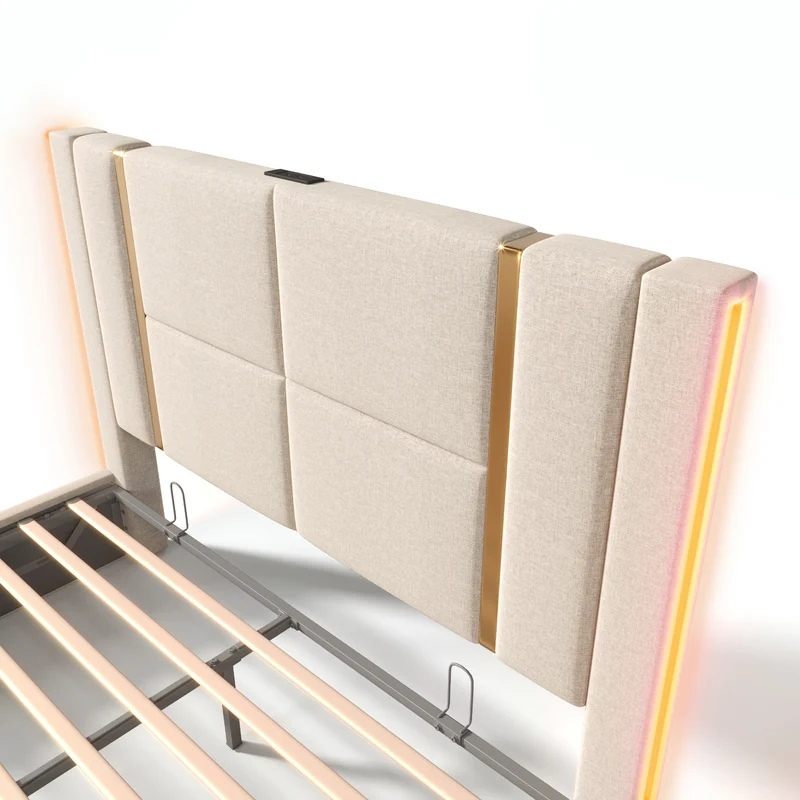 Lit coffre queen capitonné lin beige avec éclairage LED et ports usb/type-c (Matelas non inclus) STARPEAK