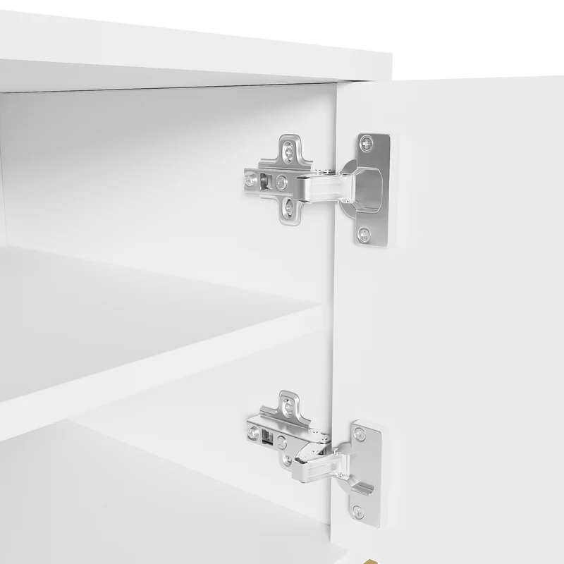 Meuble TV blanc façades texturées 4 portes, poignées et pieds dorés PRODUCER