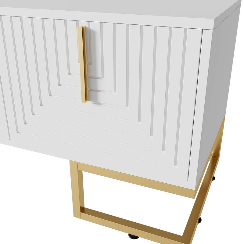 Meuble TV blanc façades texturées 4 portes, poignées et pieds dorés PRODUCER