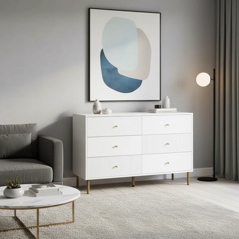 Buffet modern blanc à 6 tiroirs avec façades texturées et poignées dorées CHROMAFLASH