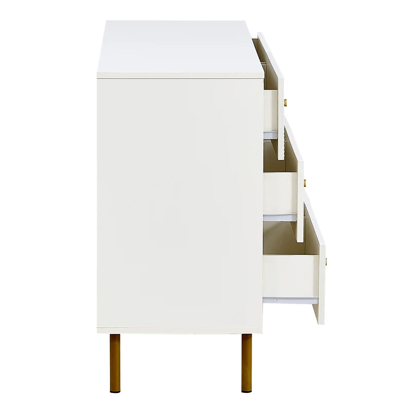 Buffet modern blanc à 6 tiroirs avec façades texturées et poignées dorées CHROMAFLASH