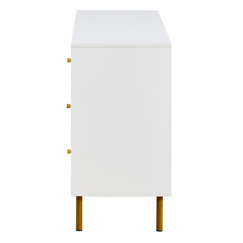 Buffet modern blanc à 6 tiroirs avec façades texturées et poignées dorées CHROMAFLASH