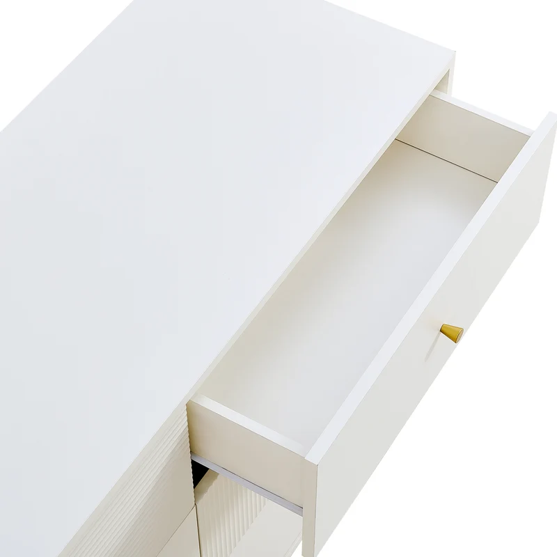 Buffet modern blanc à 6 tiroirs avec façades texturées et poignées dorées CHROMAFLASH