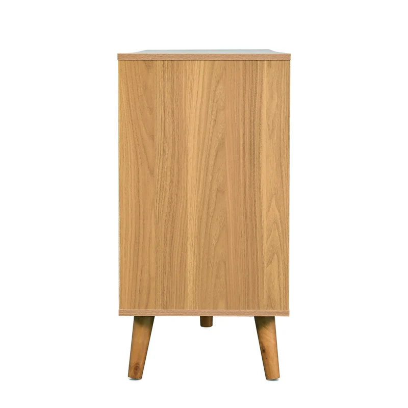 Buffet rétro façade en rotin tressé 6 tiroirs pieds obliques CANDELIL