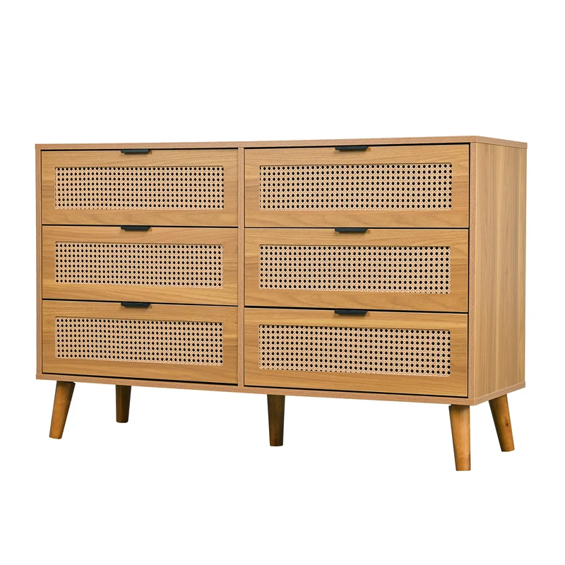 Buffet rétro façade en rotin tressé 6 tiroirs pieds obliques CANDELIL