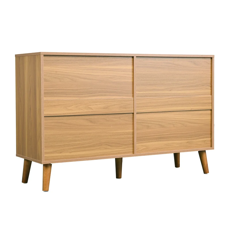 Buffet rétro façade en rotin tressé 6 tiroirs pieds obliques CANDELIL