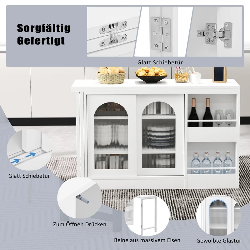 Buffet avec table retratable à 360° avec portes en verre ondulé convertible îlot de cuisine blanc PRAIRIEHAZE