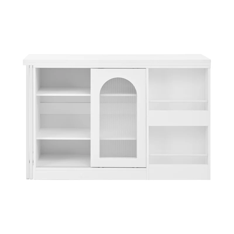 Buffet avec table retratable à 360° avec portes en verre ondulé convertible îlot de cuisine blanc PRAIRIEHAZE