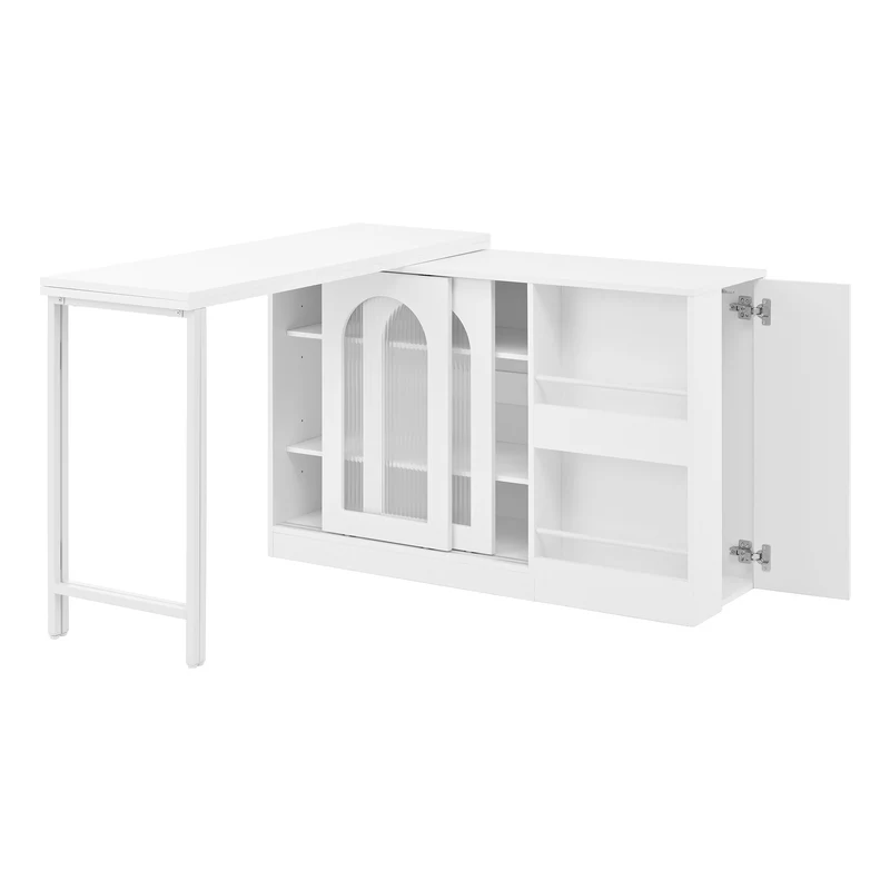 Buffet avec table retratable à 360° avec portes en verre ondulé convertible îlot de cuisine blanc PRAIRIEHAZE
