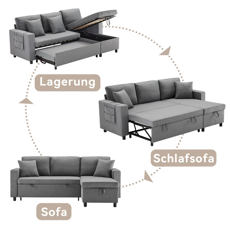 Canapé d'angle convertible en tissu lin gris méridienne réversible 3 places PHOTOSPHERE