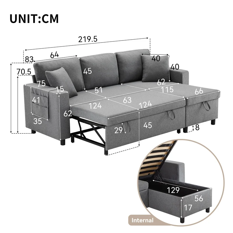 Canapé d'angle convertible en tissu lin gris méridienne réversible 3 places PHOTOSPHERE