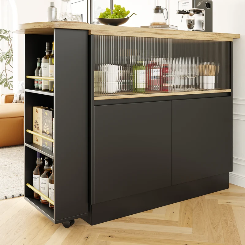 Table de bar effet bois et noir rotatif à 360° rangement avec verre ondulé TINPLATE