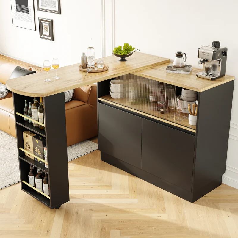 Table de bar effet bois et noir rotatif à 360° rangement avec verre ondulé TINPLATE