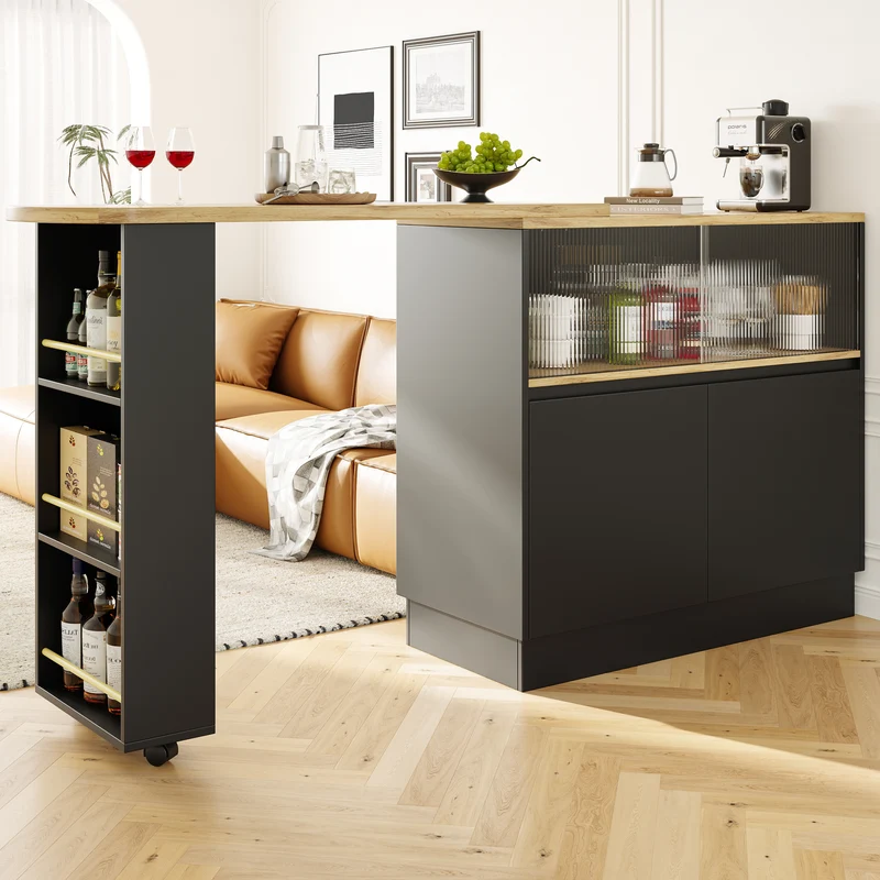 Table de bar effet bois et noir rotatif à 360° rangement avec verre ondulé TINPLATE