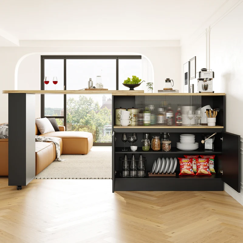 Table de bar effet bois et noir rotatif à 360° rangement avec verre ondulé TINPLATE