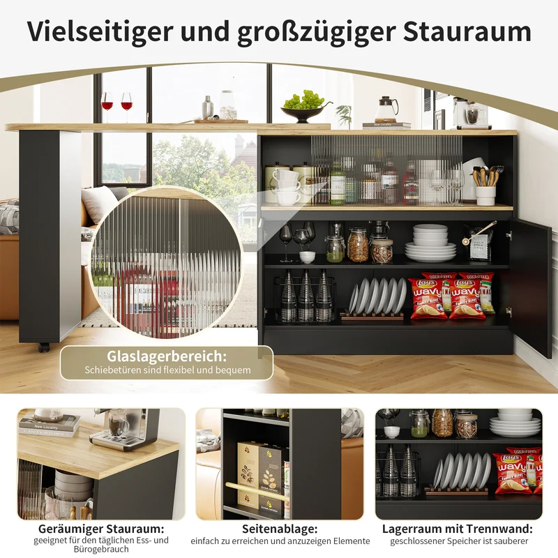 Table de bar effet bois et noir rotatif à 360° rangement avec verre ondulé TINPLATE