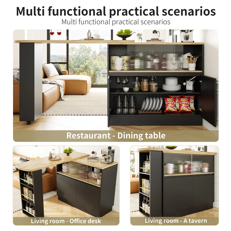 Table de bar effet bois et noir rotatif à 360° rangement avec verre ondulé TINPLATE