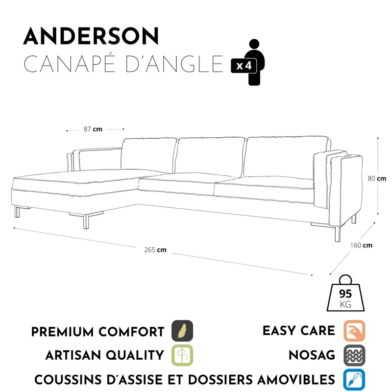 Canapé d'angle gauche ANDERSON Velours