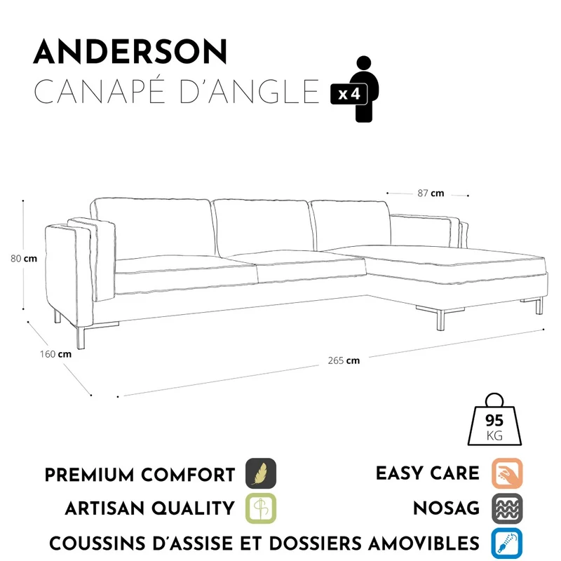 Canapé d'angle droit ANDERSON Velours