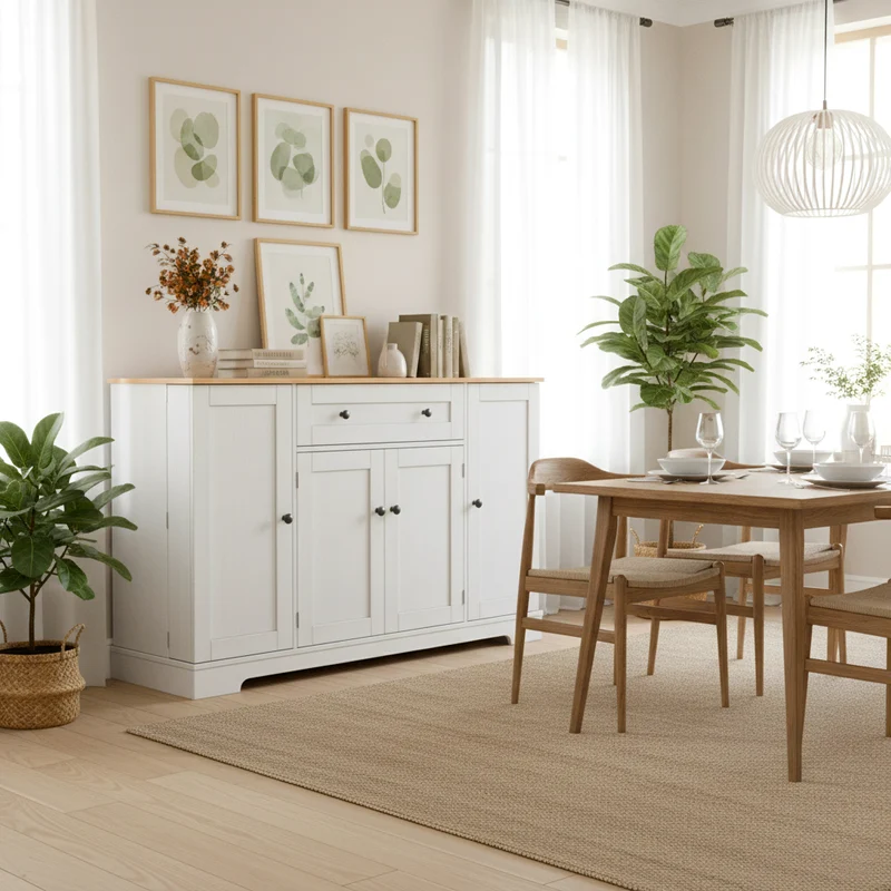 Buffet de cuisine blanc et effet bois 1 tiroir et 4 portes, étagères réglables LIGNIN