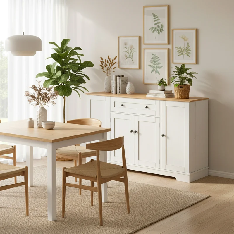 Buffet de cuisine blanc et effet bois 1 tiroir et 4 portes, étagères réglables LIGNIN