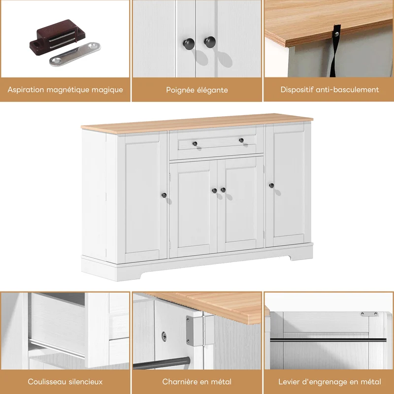 Buffet de cuisine blanc et effet bois 1 tiroir et 4 portes, étagères réglables LIGNIN