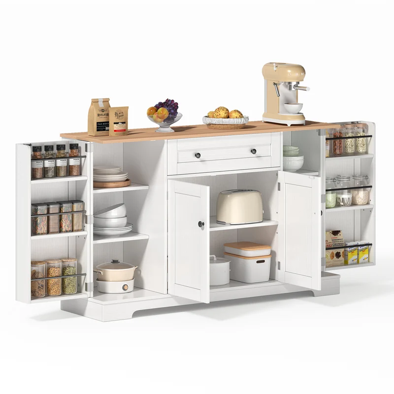 Buffet de cuisine blanc et effet bois 1 tiroir et 4 portes, étagères réglables LIGNIN