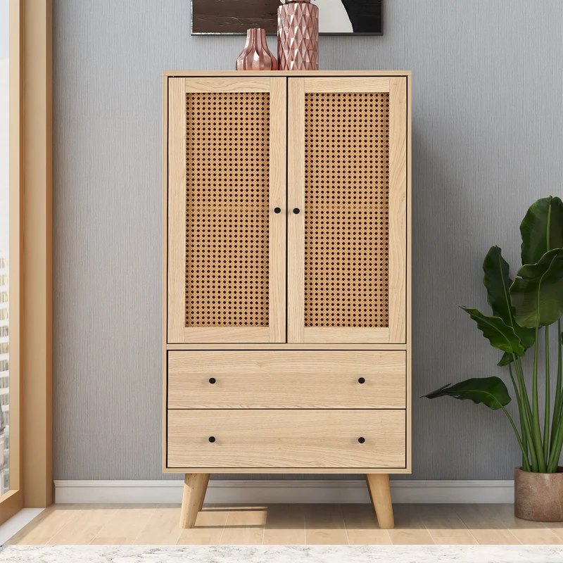 Buffet effet bois portes et 2 tiroirs en rotin, pieds en bois massif FENMUCK
