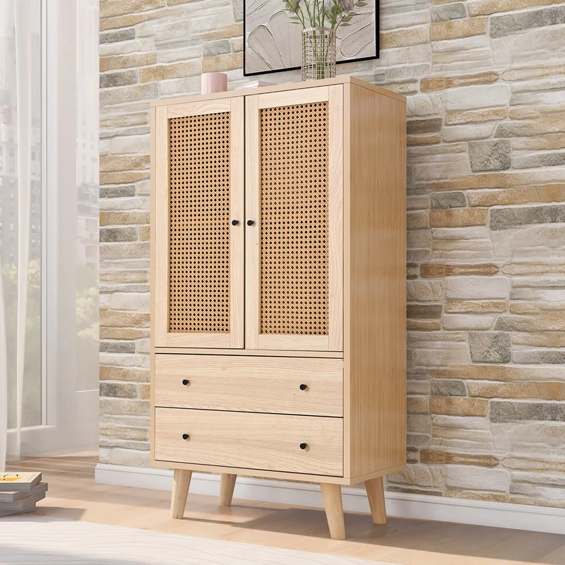 Buffet effet bois portes et 2 tiroirs en rotin, pieds en bois massif FENMUCK