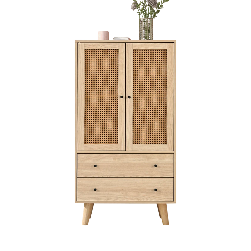 Buffet effet bois portes et 2 tiroirs en rotin, pieds en bois massif FENMUCK