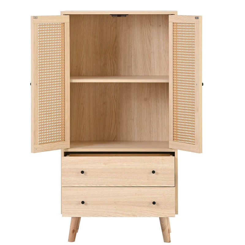 Buffet effet bois portes et 2 tiroirs en rotin, pieds en bois massif FENMUCK