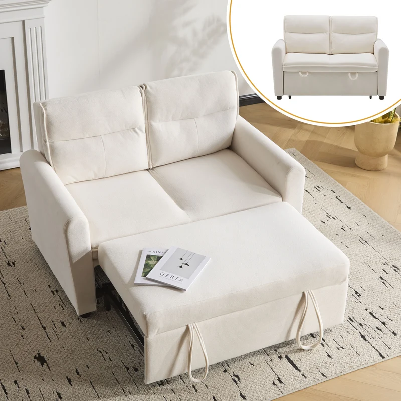 Canapé-lit convertible 2 places velours beige clair, dossier 5 positions RIDGEGLEN