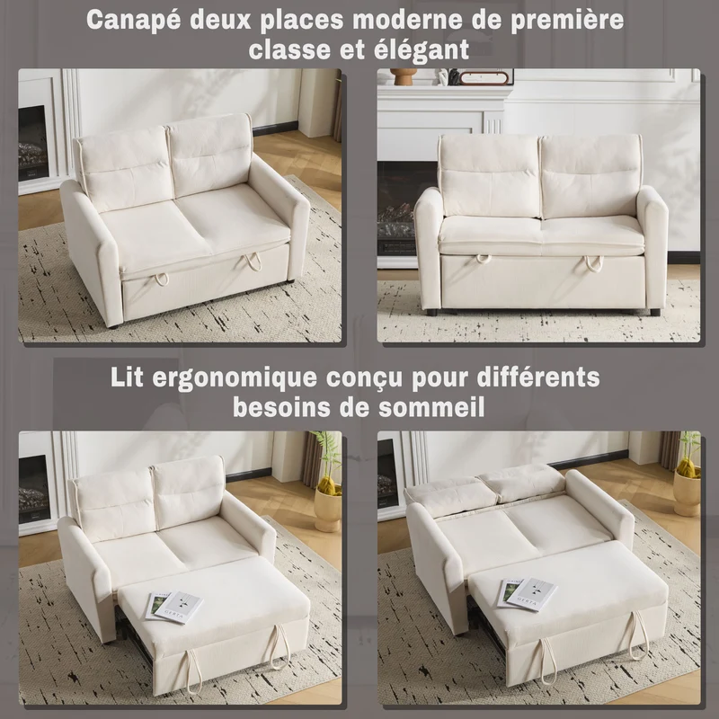 Canapé-lit convertible 2 places velours beige clair, dossier 5 positions RIDGEGLEN
