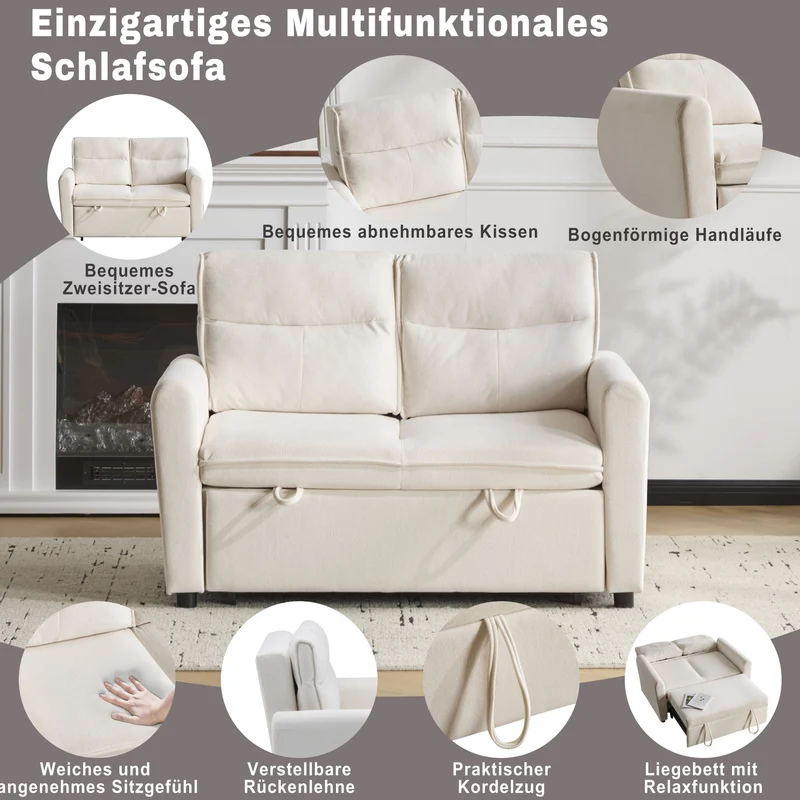 Canapé-lit convertible 2 places velours beige clair, dossier 5 positions RIDGEGLEN
