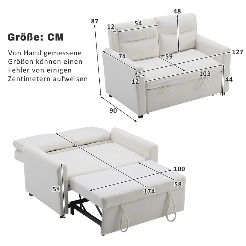 Canapé-lit convertible 2 places velours beige clair, dossier 5 positions RIDGEGLEN