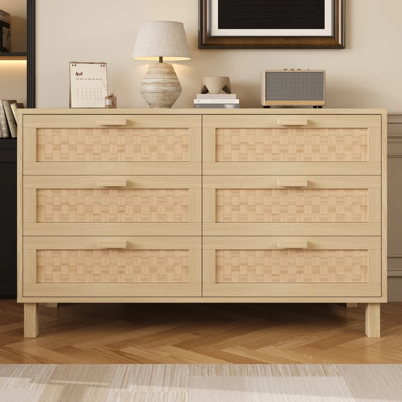 Buffet effet bois naturel 6 tiroirs en rotin FERNVALE