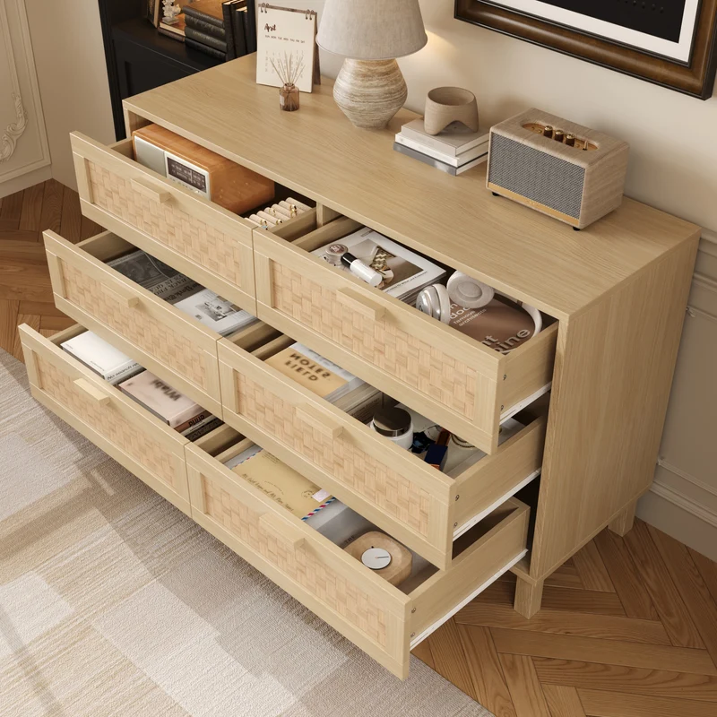 Buffet effet bois naturel 6 tiroirs en rotin FERNVALE