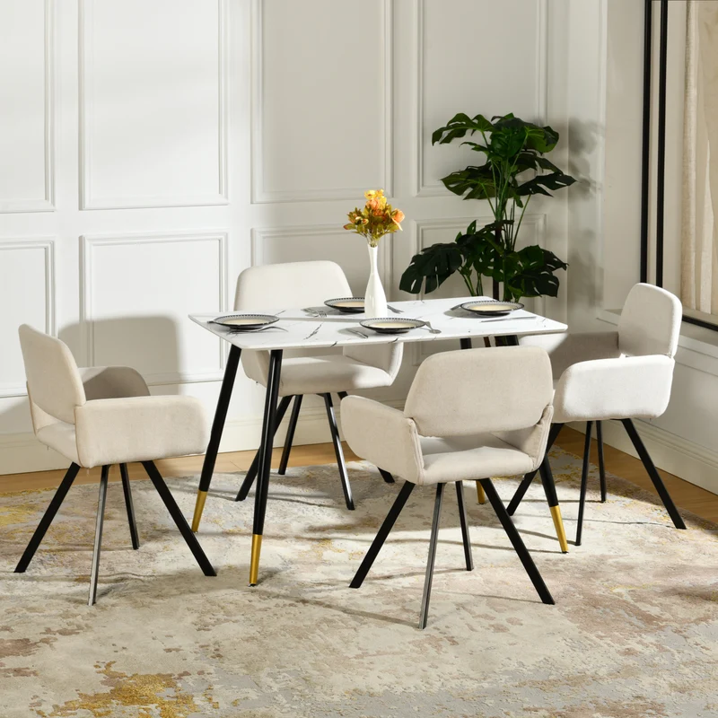 Table de salle à manger rectangulaire effet marbre blanc de style scandinave pieds points dorés 110x70cm WHALEN MARBLE TABLE BG