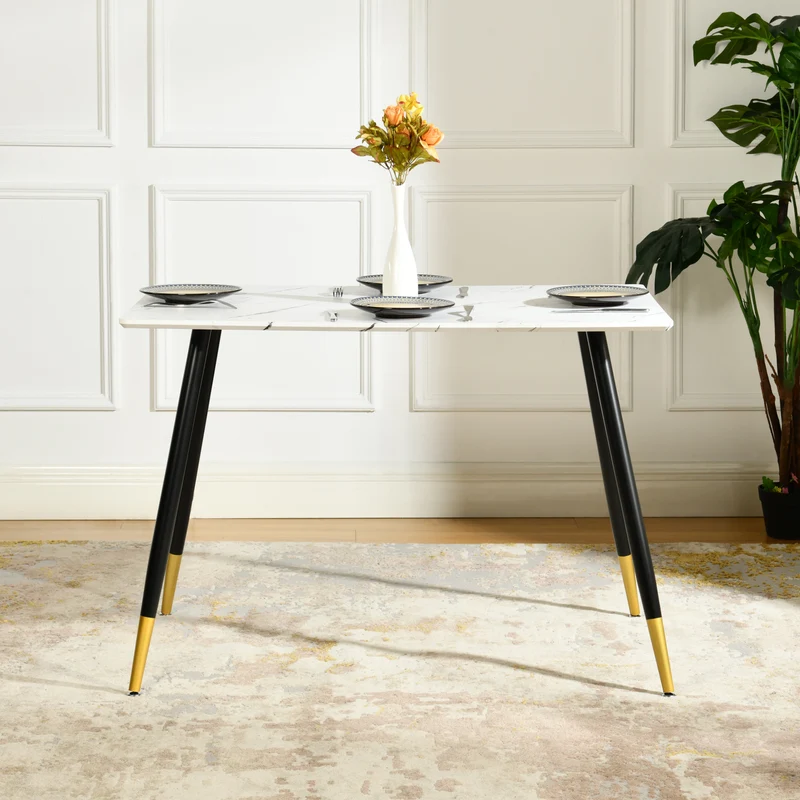 Table de salle à manger rectangulaire effet marbre blanc de style scandinave pieds points dorés 110x70cm WHALEN MARBLE TABLE BG