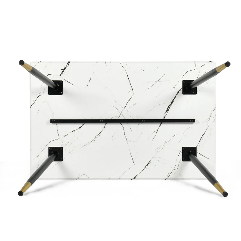 Table de salle à manger rectangulaire effet marbre blanc de style scandinave pieds points dorés 110x70cm WHALEN MARBLE TABLE BG