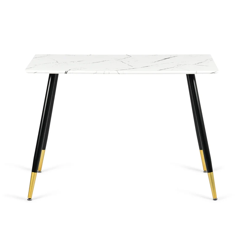 Table de salle à manger rectangulaire effet marbre blanc de style scandinave pieds points dorés 110x70cm WHALEN MARBLE TABLE BG