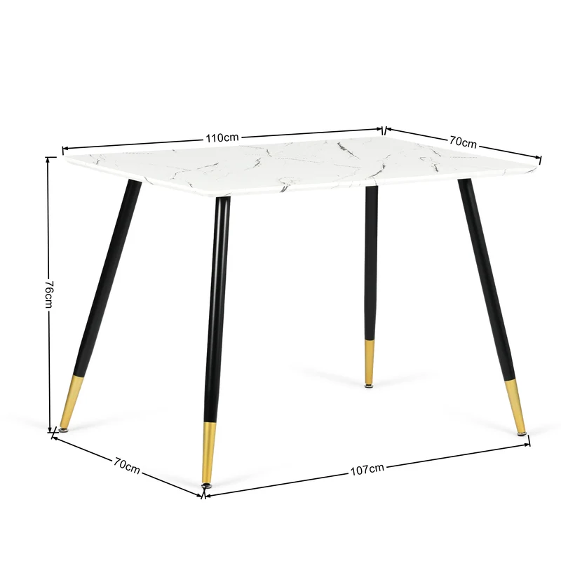 Table de salle à manger rectangulaire effet marbre blanc de style scandinave pieds points dorés 110x70cm WHALEN MARBLE TABLE BG