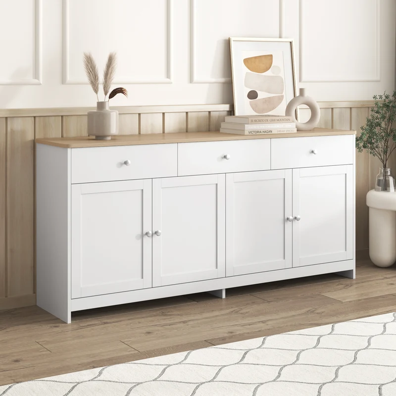Buffet blanc et effet bois 4 portes 3 tiroirs 160*37*75cm STAANKIL